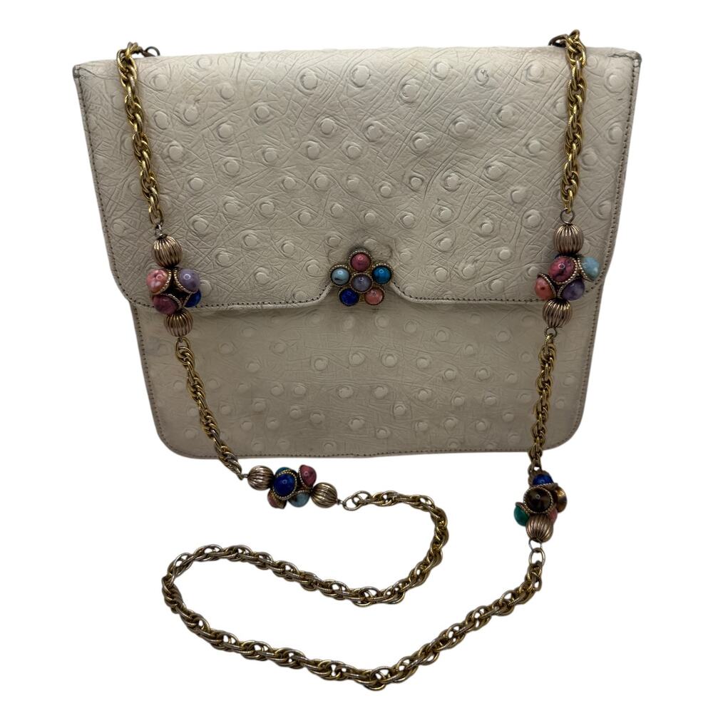 Vintage 1960s Cream Beaded Chain Strap Evening Bag Clutch Purse